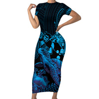 Blue Aloha Hawaii Family Matching Short Sleeve Bodycon Dress and Hawaiian Shirt Snorkeling With Sea Turtle Polynesian Pattern LT14 Mom's Dress Blue - Polynesian Pride