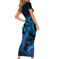 Blue Aloha Hawaii Family Matching Short Sleeve Bodycon Dress and Hawaiian Shirt Snorkeling With Sea Turtle Polynesian Pattern LT14 - Polynesian Pride