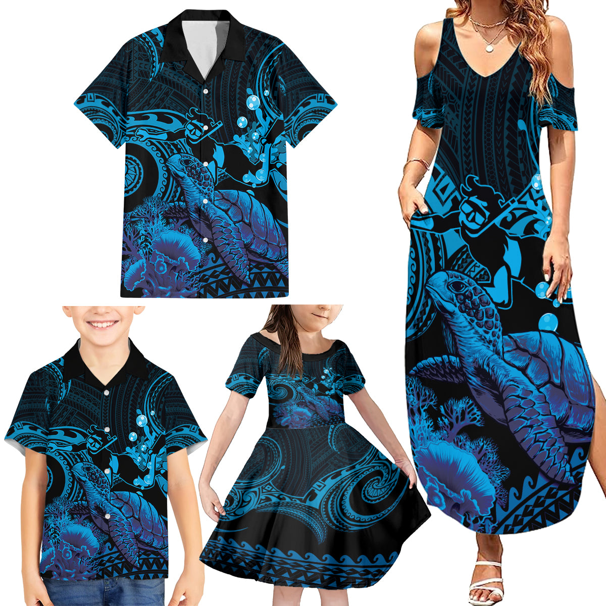 Blue Aloha Hawaii Family Matching Summer Maxi Dress and Hawaiian Shirt Snorkeling With Sea Turtle Polynesian Pattern LT14 - Polynesian Pride