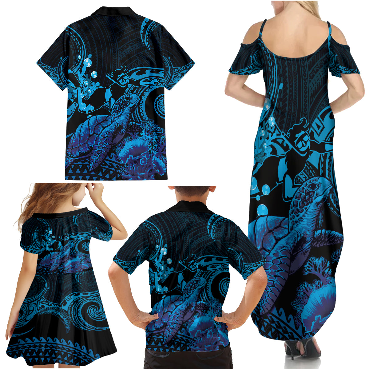 Blue Aloha Hawaii Family Matching Summer Maxi Dress and Hawaiian Shirt Snorkeling With Sea Turtle Polynesian Pattern LT14 - Polynesian Pride