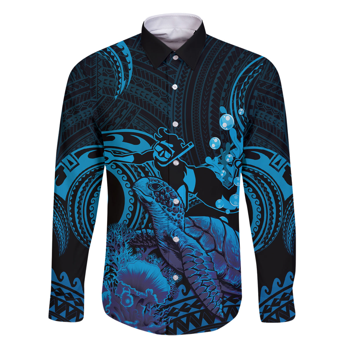 Blue Aloha Hawaii Family Matching Summer Maxi Dress and Hawaiian Shirt Snorkeling With Sea Turtle Polynesian Pattern LT14 Dad's Shirt - Long Sleeve Blue - Polynesian Pride