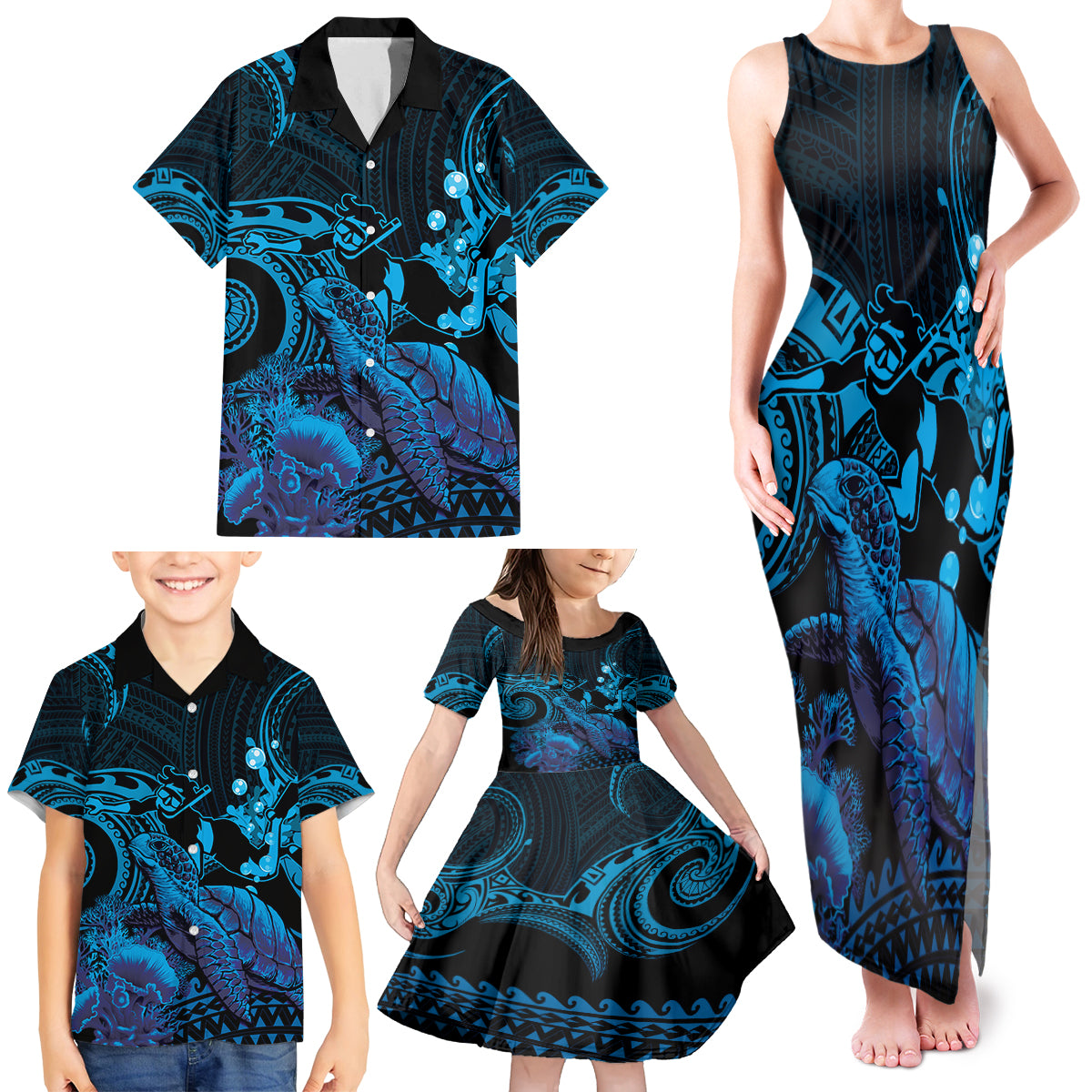 Blue Aloha Hawaii Family Matching Tank Maxi Dress and Hawaiian Shirt Snorkeling With Sea Turtle Polynesian Pattern LT14 - Polynesian Pride
