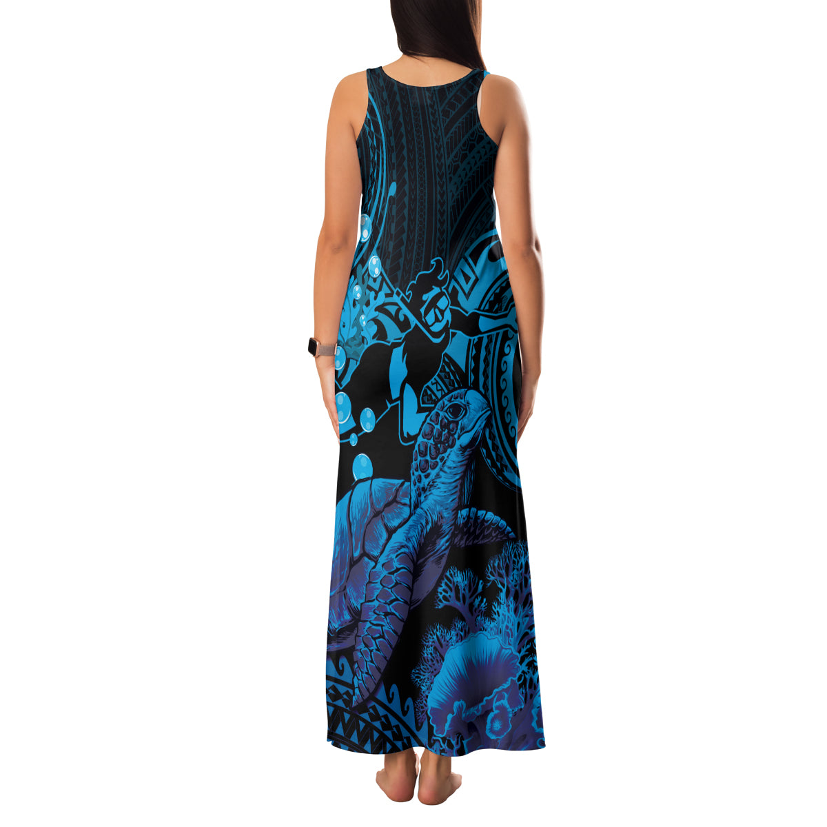Blue Aloha Hawaii Family Matching Tank Maxi Dress and Hawaiian Shirt Snorkeling With Sea Turtle Polynesian Pattern LT14 - Polynesian Pride
