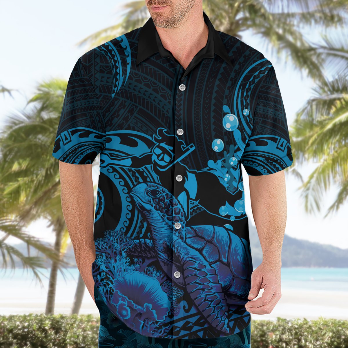 Blue Aloha Hawaii Hawaiian Shirt Snorkeling With Sea Turtle Polynesian Pattern