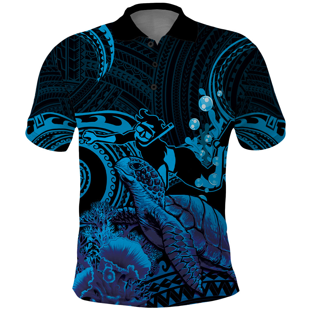 Blue Aloha Hawaii Polo Shirt Snorkeling With Sea Turtle Polynesian Pattern LT14 Blue - Polynesian Pride