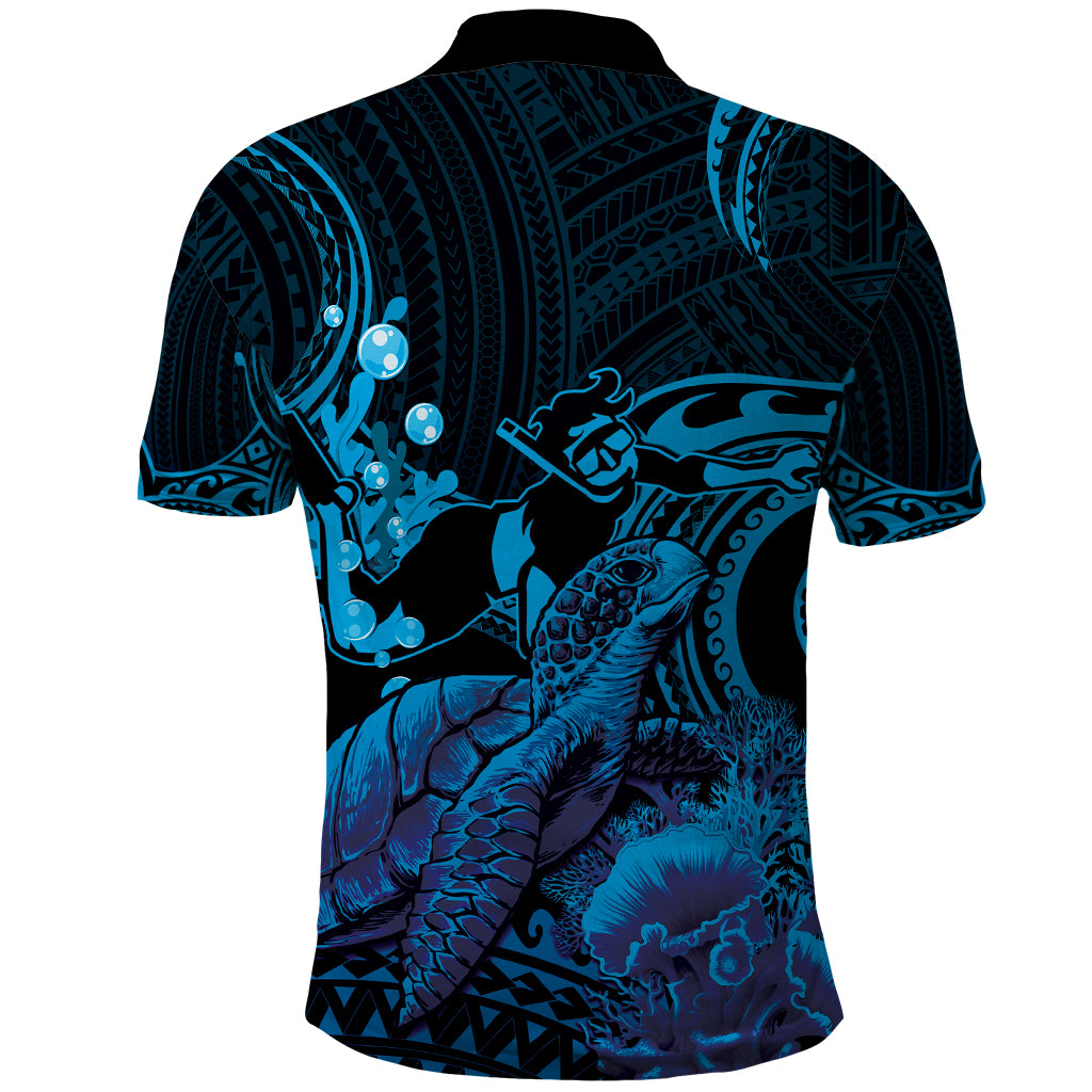 Blue Aloha Hawaii Polo Shirt Snorkeling With Sea Turtle Polynesian Pattern LT14 - Polynesian Pride