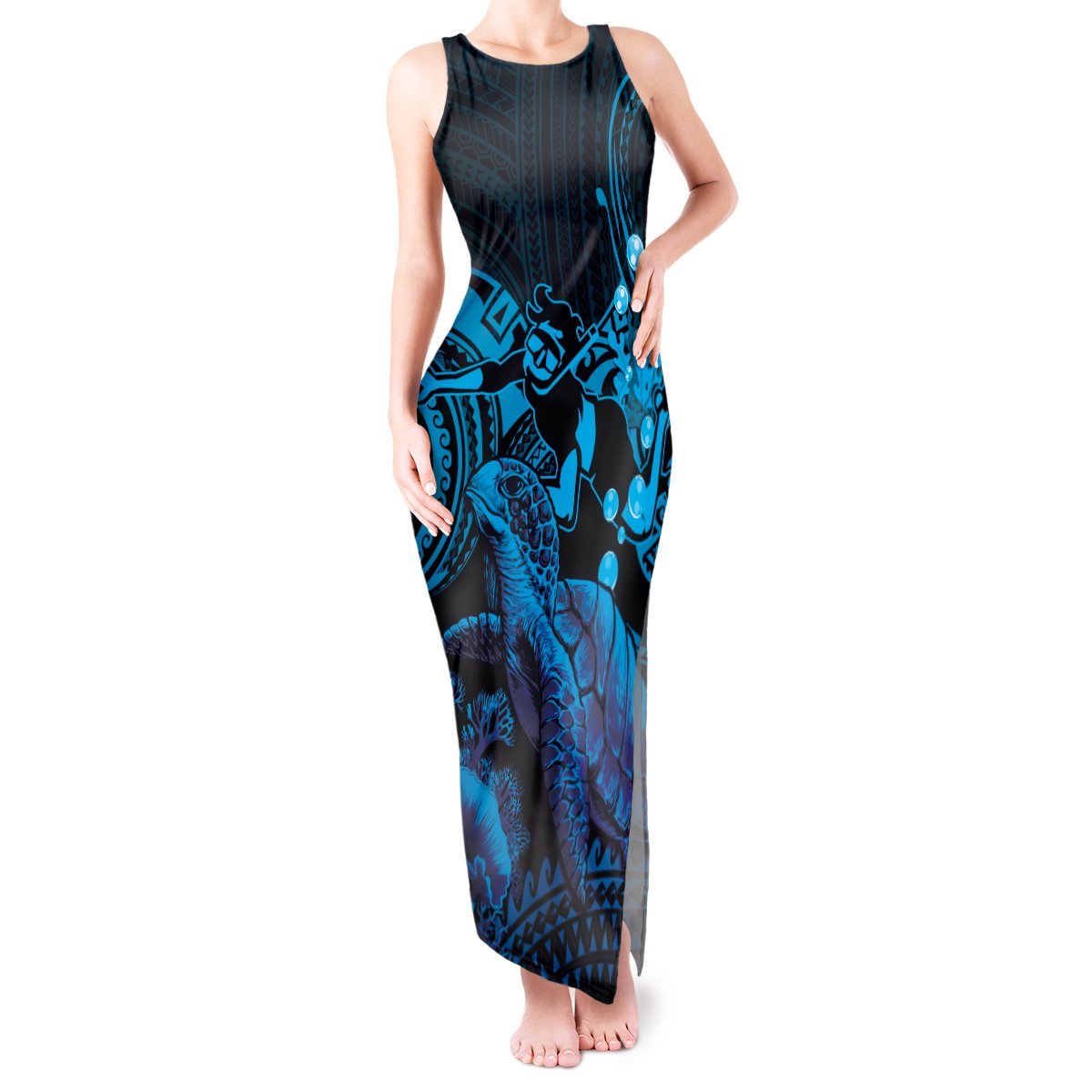 Blue Aloha Hawaii Tank Maxi Dress Snorkeling With Sea Turtle Polynesian Pattern LT14 Women Blue - Polynesian Pride