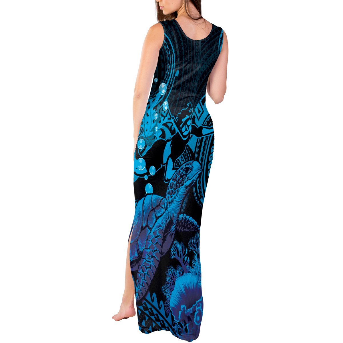 Blue Aloha Hawaii Tank Maxi Dress Snorkeling With Sea Turtle Polynesian Pattern LT14 - Polynesian Pride