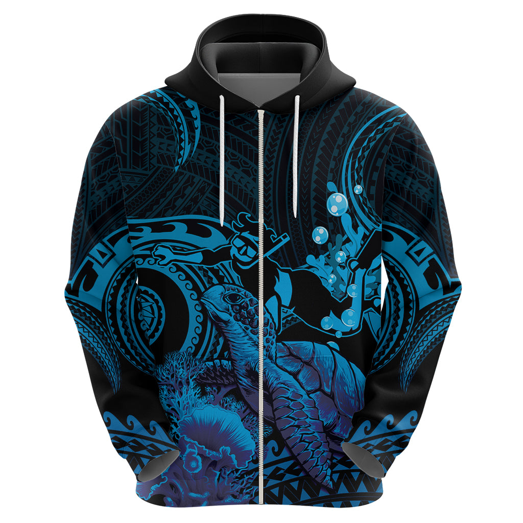 Blue Aloha Hawaii Zip Hoodie Snorkeling With Sea Turtle Polynesian Pattern LT14 - Polynesian Pride