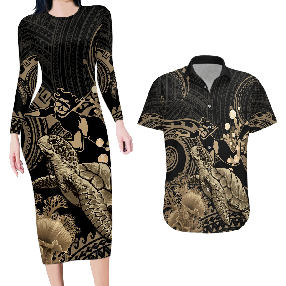 Gold Aloha Hawaii Couples Matching Long Sleeve Bodycon Dress and Hawaiian Shirt Snorkeling With Sea Turtle Polynesian Pattern LT14 Gold - Polynesian Pride