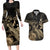 Gold Aloha Hawaii Couples Matching Long Sleeve Bodycon Dress and Hawaiian Shirt Snorkeling With Sea Turtle Polynesian Pattern