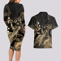 Gold Aloha Hawaii Couples Matching Long Sleeve Bodycon Dress and Hawaiian Shirt Snorkeling With Sea Turtle Polynesian Pattern LT14 - Polynesian Pride