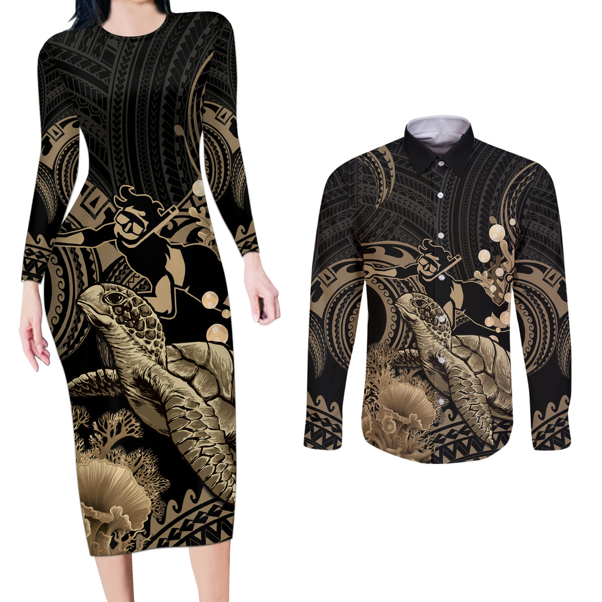 Gold Aloha Hawaii Couples Matching Long Sleeve Bodycon Dress and Long Sleeve Button Shirt Snorkeling With Sea Turtle Polynesian Pattern LT14 Gold - Polynesian Pride