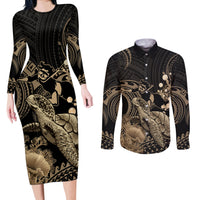 Gold Aloha Hawaii Couples Matching Long Sleeve Bodycon Dress and Long Sleeve Button Shirt Snorkeling With Sea Turtle Polynesian Pattern LT14 Gold - Polynesian Pride