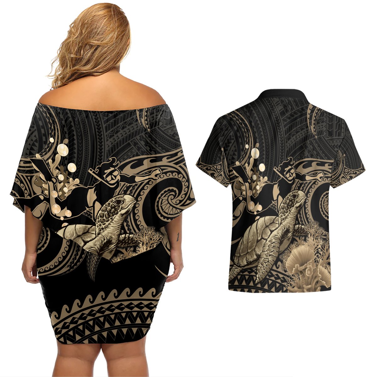 Gold Aloha Hawaii Couples Matching Off Shoulder Short Dress and Hawaiian Shirt Snorkeling With Sea Turtle Polynesian Pattern LT14 - Polynesian Pride