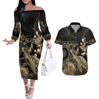 Gold Aloha Hawaii Couples Matching Off The Shoulder Long Sleeve Dress and Hawaiian Shirt Snorkeling With Sea Turtle Polynesian Pattern LT14 Gold - Polynesian Pride