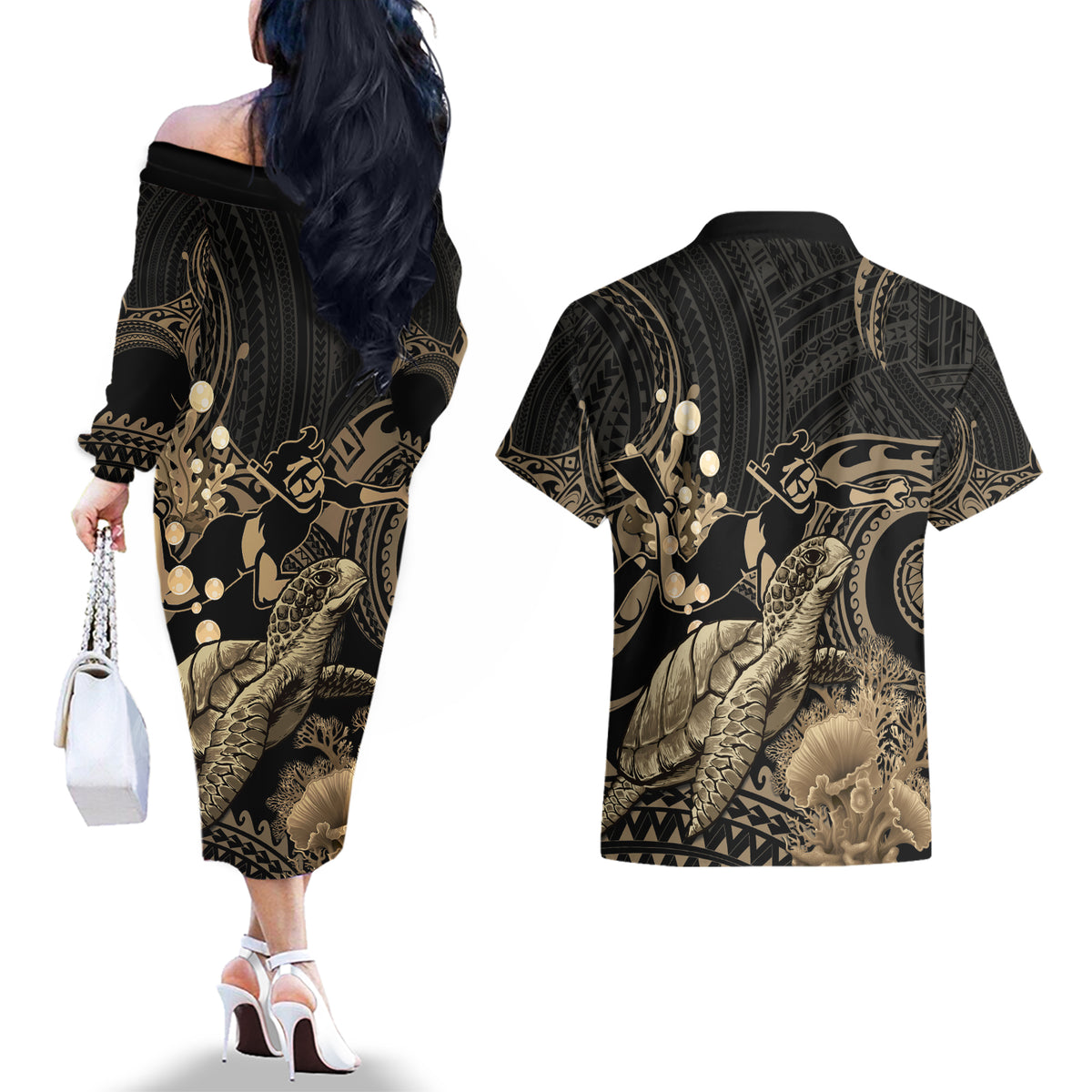 Gold Aloha Hawaii Couples Matching Off The Shoulder Long Sleeve Dress and Hawaiian Shirt Snorkeling With Sea Turtle Polynesian Pattern LT14 - Polynesian Pride