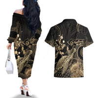 Gold Aloha Hawaii Couples Matching Off The Shoulder Long Sleeve Dress and Hawaiian Shirt Snorkeling With Sea Turtle Polynesian Pattern LT14 - Polynesian Pride