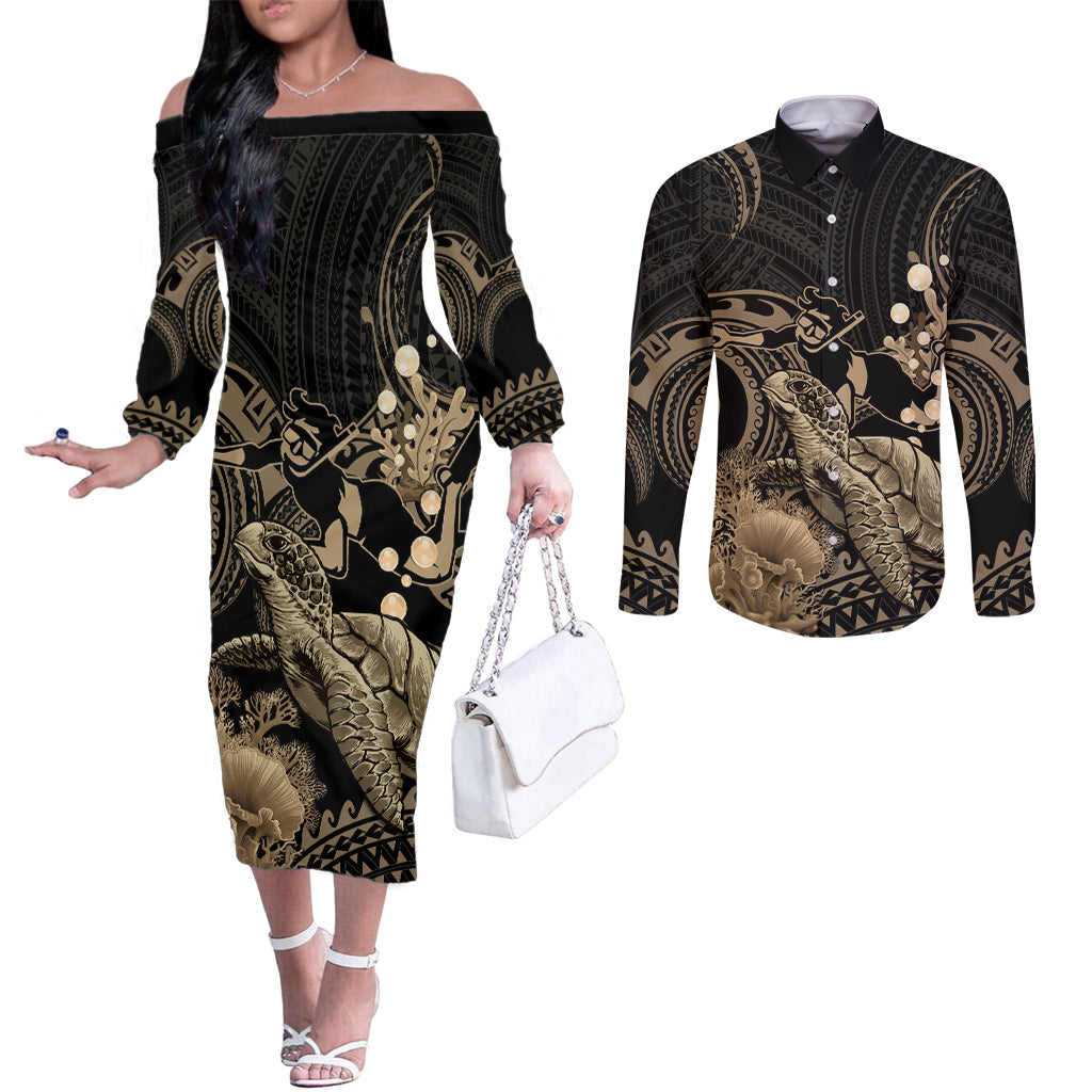 Gold Aloha Hawaii Couples Matching Off The Shoulder Long Sleeve Dress and Long Sleeve Button Shirt Snorkeling With Sea Turtle Polynesian Pattern LT14 Gold - Polynesian Pride