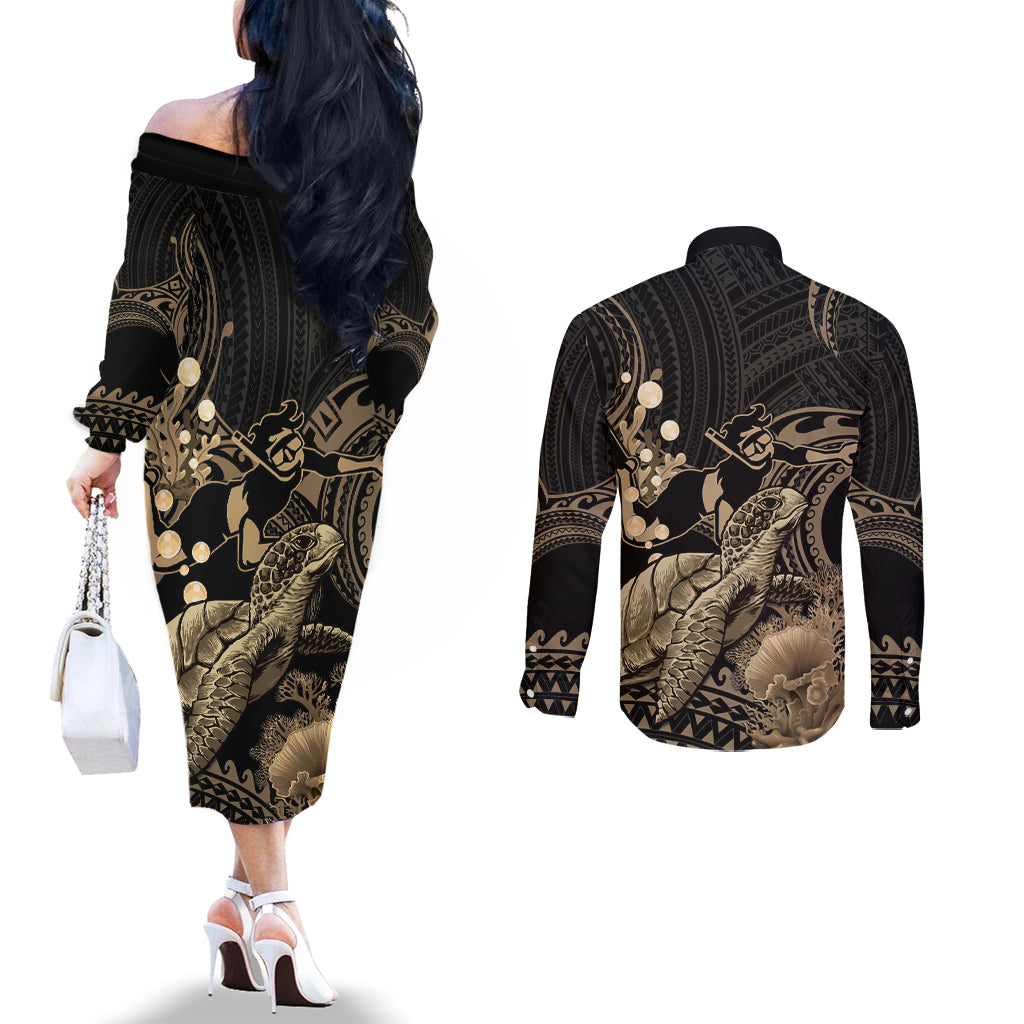 Gold Aloha Hawaii Couples Matching Off The Shoulder Long Sleeve Dress and Long Sleeve Button Shirt Snorkeling With Sea Turtle Polynesian Pattern LT14 - Polynesian Pride