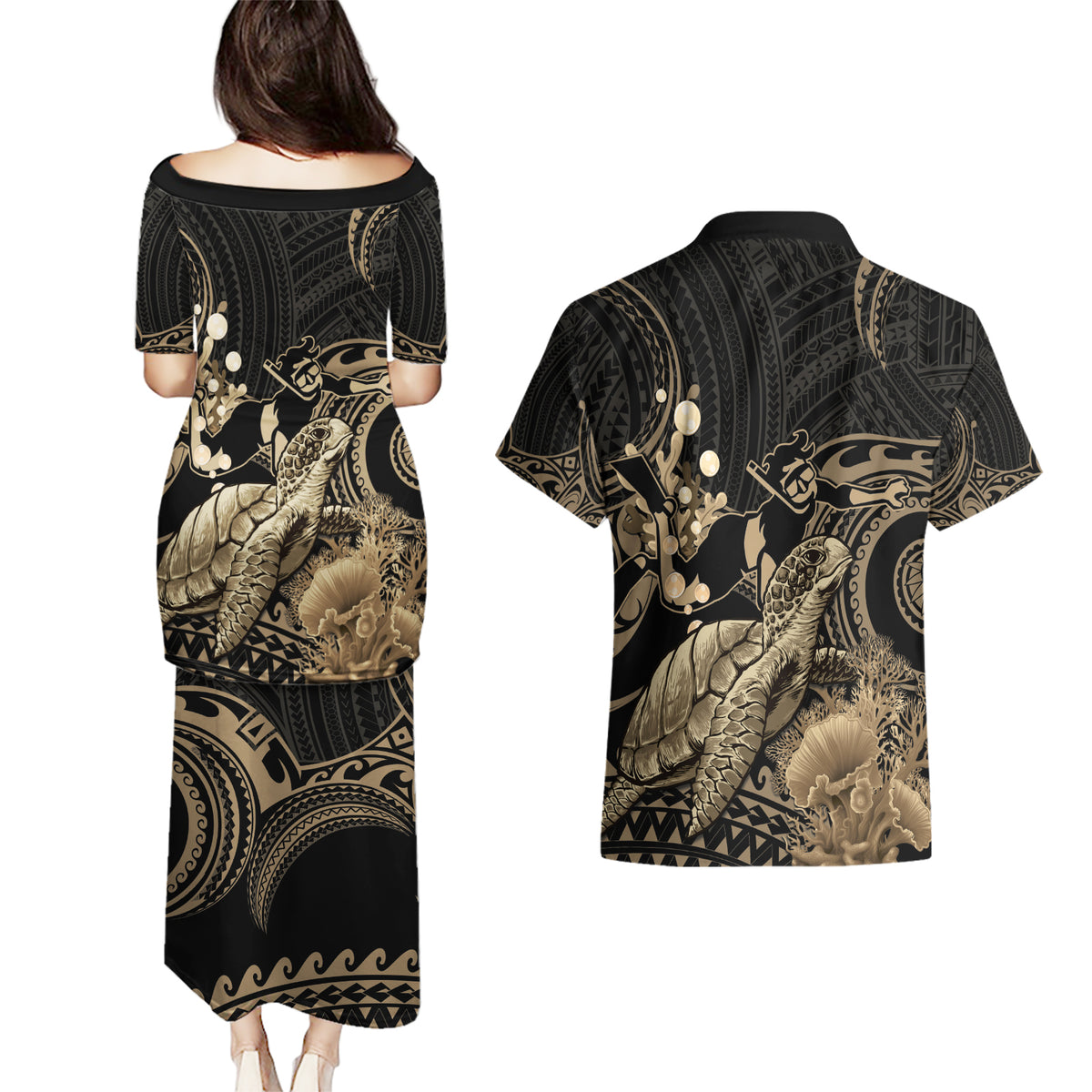 Gold Aloha Hawaii Couples Matching Puletasi and Hawaiian Shirt Snorkeling With Sea Turtle Polynesian Pattern