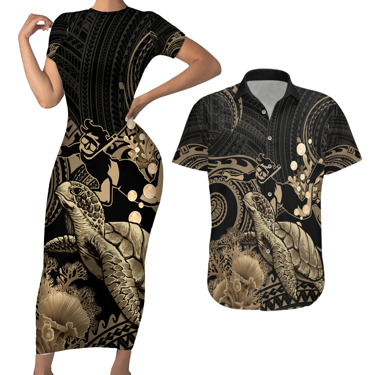 Gold Aloha Hawaii Couples Matching Short Sleeve Bodycon Dress and Hawaiian Shirt Snorkeling With Sea Turtle Polynesian Pattern LT14 Gold - Polynesian Pride