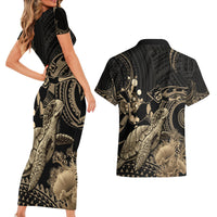 Gold Aloha Hawaii Couples Matching Short Sleeve Bodycon Dress and Hawaiian Shirt Snorkeling With Sea Turtle Polynesian Pattern LT14 - Polynesian Pride