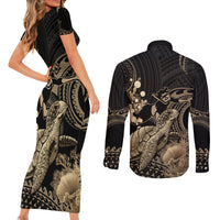 Gold Aloha Hawaii Couples Matching Short Sleeve Bodycon Dress and Long Sleeve Button Shirt Snorkeling With Sea Turtle Polynesian Pattern LT14 - Polynesian Pride