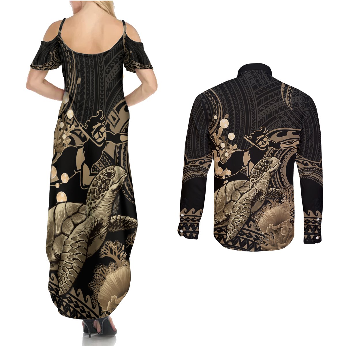 Gold Aloha Hawaii Couples Matching Summer Maxi Dress and Long Sleeve Button Shirt Snorkeling With Sea Turtle Polynesian Pattern