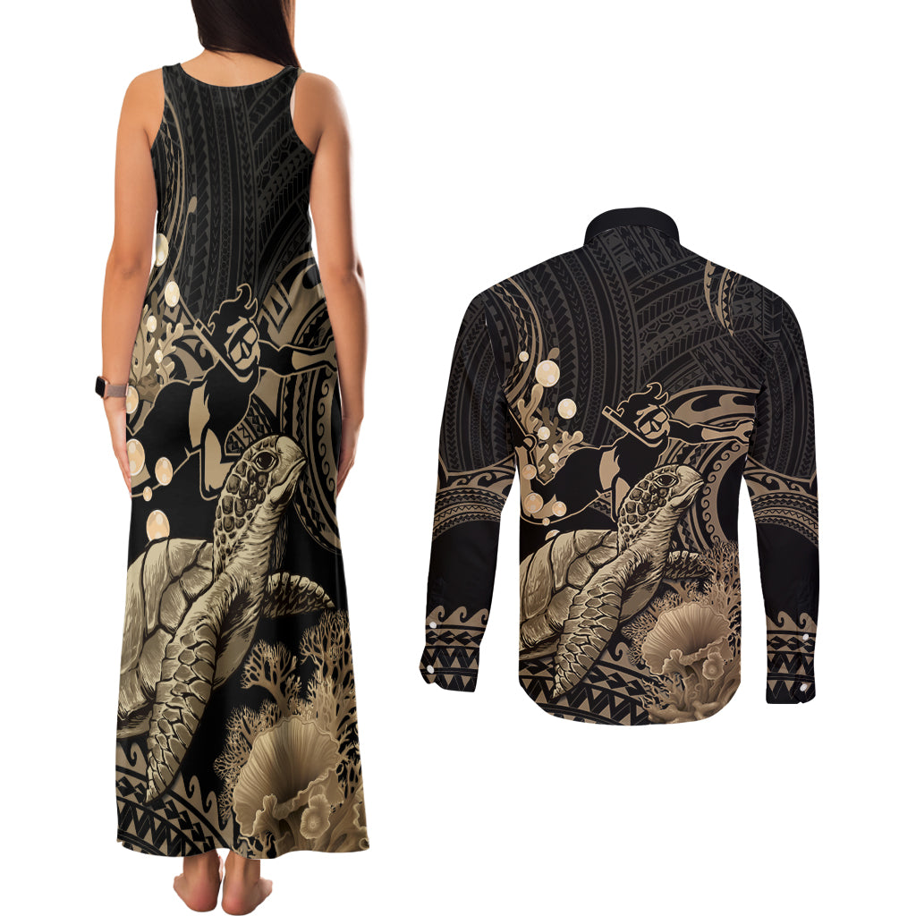 Gold Aloha Hawaii Couples Matching Tank Maxi Dress and Long Sleeve Button Shirt Snorkeling With Sea Turtle Polynesian Pattern