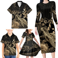 Gold Aloha Hawaii Family Matching Long Sleeve Bodycon Dress and Hawaiian Shirt Snorkeling With Sea Turtle Polynesian Pattern LT14 - Polynesian Pride
