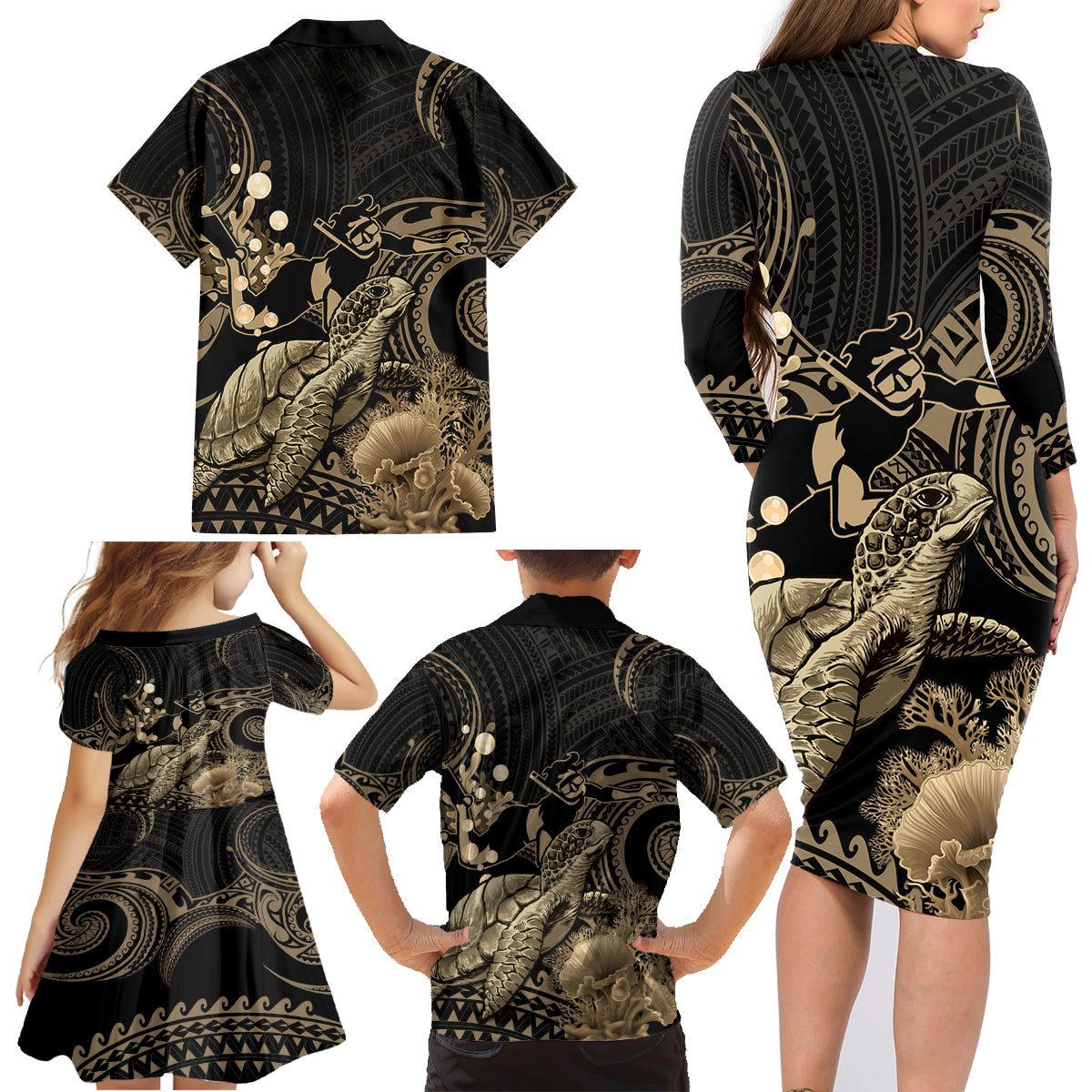 Gold Aloha Hawaii Family Matching Long Sleeve Bodycon Dress and Hawaiian Shirt Snorkeling With Sea Turtle Polynesian Pattern LT14 - Polynesian Pride