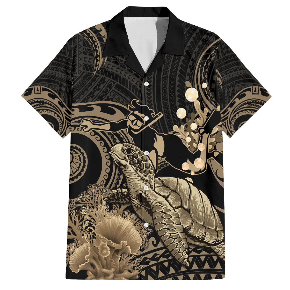 Gold Aloha Hawaii Family Matching Long Sleeve Bodycon Dress and Hawaiian Shirt Snorkeling With Sea Turtle Polynesian Pattern LT14 Dad's Shirt - Short Sleeve Gold - Polynesian Pride