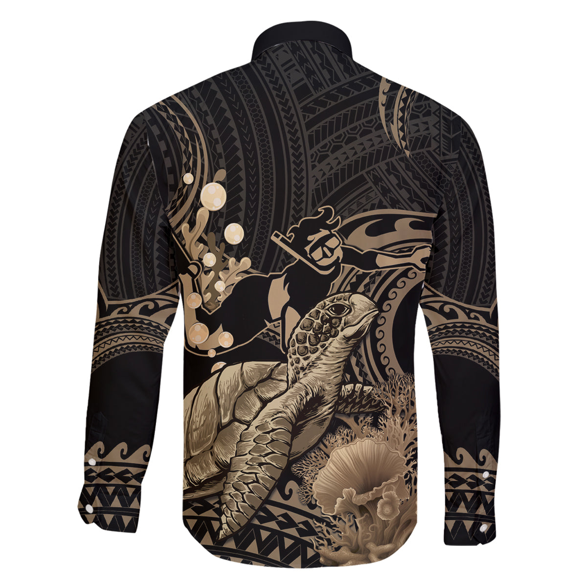 Gold Aloha Hawaii Family Matching Long Sleeve Bodycon Dress and Hawaiian Shirt Snorkeling With Sea Turtle Polynesian Pattern LT14 - Polynesian Pride