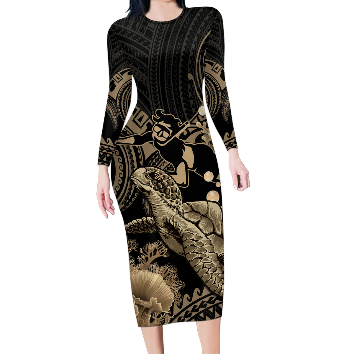 Gold Aloha Hawaii Family Matching Long Sleeve Bodycon Dress and Hawaiian Shirt Snorkeling With Sea Turtle Polynesian Pattern LT14 Mom's Dress Gold - Polynesian Pride