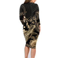 Gold Aloha Hawaii Family Matching Long Sleeve Bodycon Dress and Hawaiian Shirt Snorkeling With Sea Turtle Polynesian Pattern LT14 - Polynesian Pride