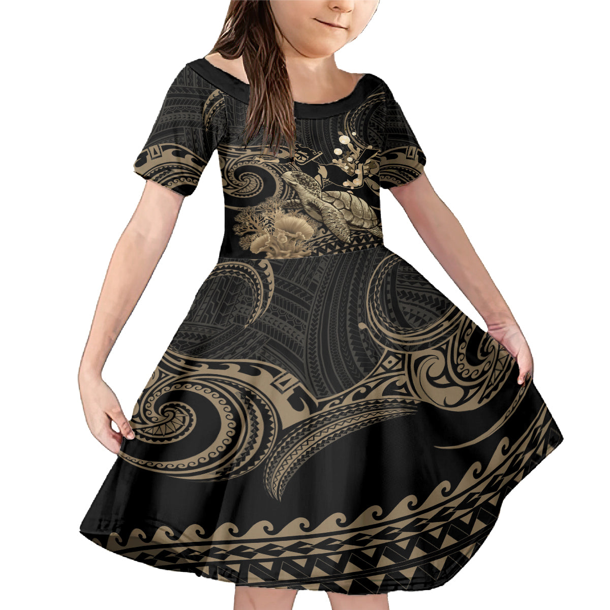 Gold Aloha Hawaii Family Matching Mermaid Dress and Hawaiian Shirt Snorkeling With Sea Turtle Polynesian Pattern LT14 Daughter's Dress Gold - Polynesian Pride