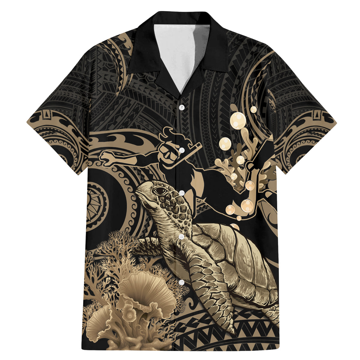 Gold Aloha Hawaii Family Matching Mermaid Dress and Hawaiian Shirt Snorkeling With Sea Turtle Polynesian Pattern LT14 Dad's Shirt - Short Sleeve Gold - Polynesian Pride