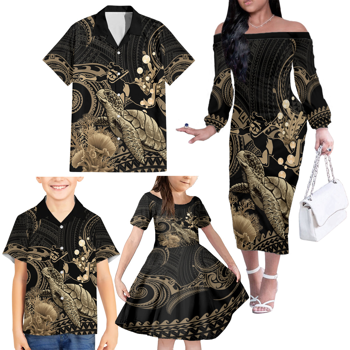 Gold Aloha Hawaii Family Matching Off The Shoulder Long Sleeve Dress and Hawaiian Shirt Snorkeling With Sea Turtle Polynesian Pattern LT14 - Polynesian Pride