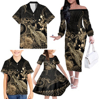 Gold Aloha Hawaii Family Matching Off The Shoulder Long Sleeve Dress and Hawaiian Shirt Snorkeling With Sea Turtle Polynesian Pattern LT14 - Polynesian Pride