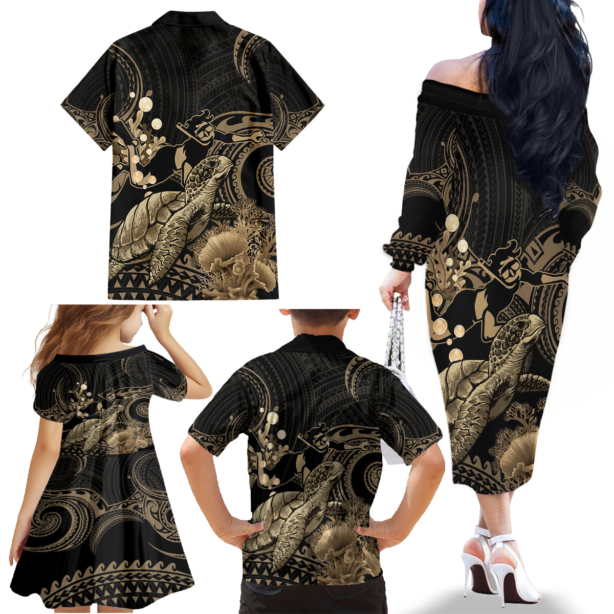 Gold Aloha Hawaii Family Matching Off The Shoulder Long Sleeve Dress and Hawaiian Shirt Snorkeling With Sea Turtle Polynesian Pattern LT14 - Polynesian Pride
