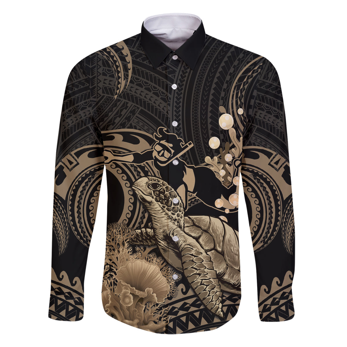 Gold Aloha Hawaii Family Matching Off The Shoulder Long Sleeve Dress and Hawaiian Shirt Snorkeling With Sea Turtle Polynesian Pattern LT14 Dad's Shirt - Long Sleeve Gold - Polynesian Pride