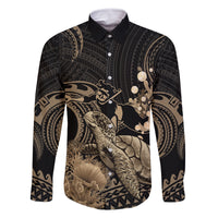 Gold Aloha Hawaii Family Matching Off The Shoulder Long Sleeve Dress and Hawaiian Shirt Snorkeling With Sea Turtle Polynesian Pattern LT14 Dad's Shirt - Long Sleeve Gold - Polynesian Pride