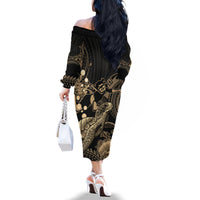Gold Aloha Hawaii Family Matching Off The Shoulder Long Sleeve Dress and Hawaiian Shirt Snorkeling With Sea Turtle Polynesian Pattern LT14 - Polynesian Pride