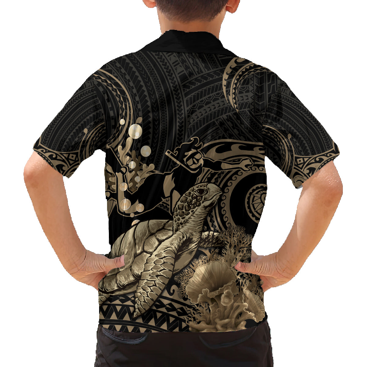Gold Aloha Hawaii Family Matching Off Shoulder Maxi Dress and Hawaiian Shirt Snorkeling With Sea Turtle Polynesian Pattern LT14 - Polynesian Pride