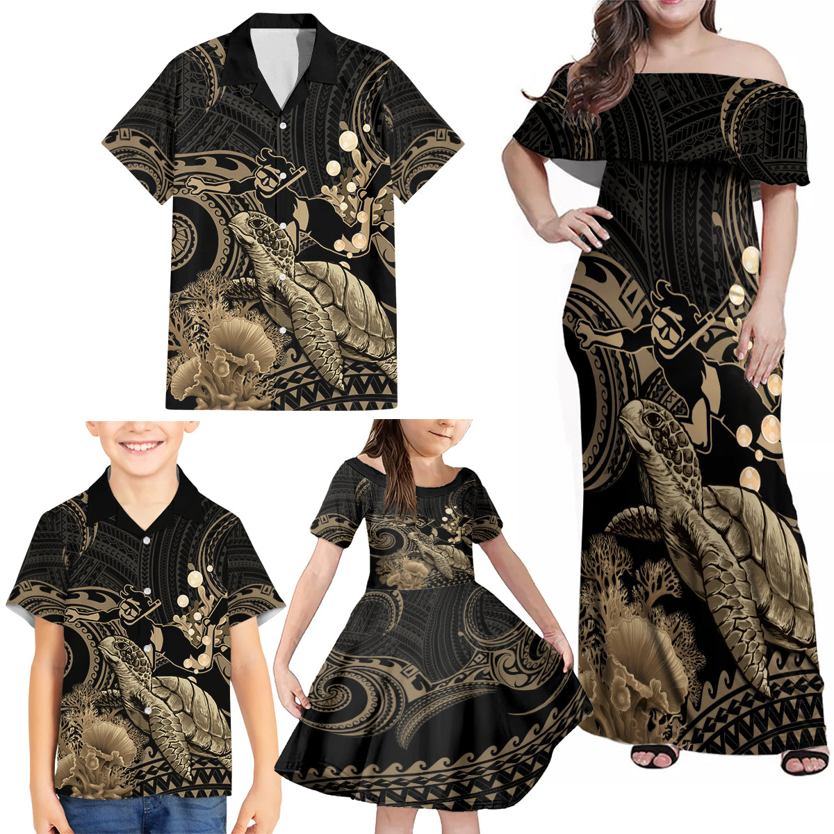 Gold Aloha Hawaii Family Matching Off Shoulder Maxi Dress and Hawaiian Shirt Snorkeling With Sea Turtle Polynesian Pattern LT14 - Polynesian Pride