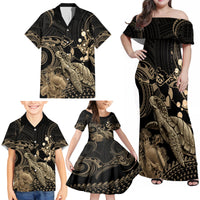 Gold Aloha Hawaii Family Matching Off Shoulder Maxi Dress and Hawaiian Shirt Snorkeling With Sea Turtle Polynesian Pattern LT14 - Polynesian Pride