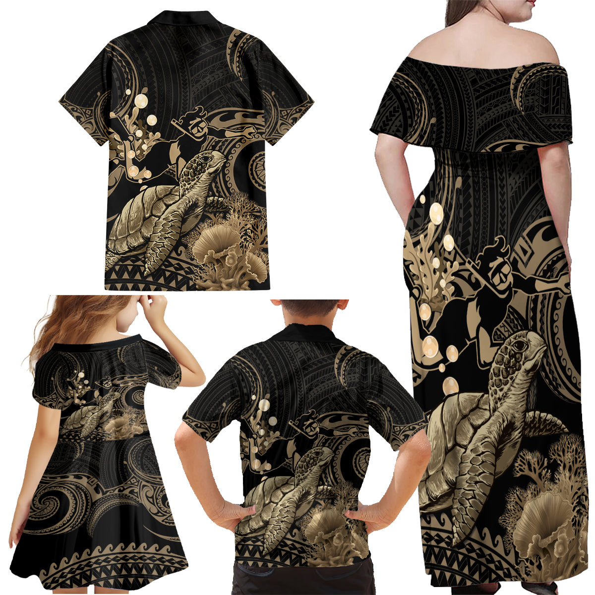 Gold Aloha Hawaii Family Matching Off Shoulder Maxi Dress and Hawaiian Shirt Snorkeling With Sea Turtle Polynesian Pattern LT14 - Polynesian Pride