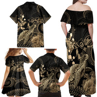 Gold Aloha Hawaii Family Matching Off Shoulder Maxi Dress and Hawaiian Shirt Snorkeling With Sea Turtle Polynesian Pattern LT14 - Polynesian Pride
