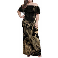 Gold Aloha Hawaii Family Matching Off Shoulder Maxi Dress and Hawaiian Shirt Snorkeling With Sea Turtle Polynesian Pattern LT14 Mom's Dress Gold - Polynesian Pride